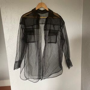Zara Women's Black Sheer Button Up Shirt Whimsigoth Witchy Goth sz Medium